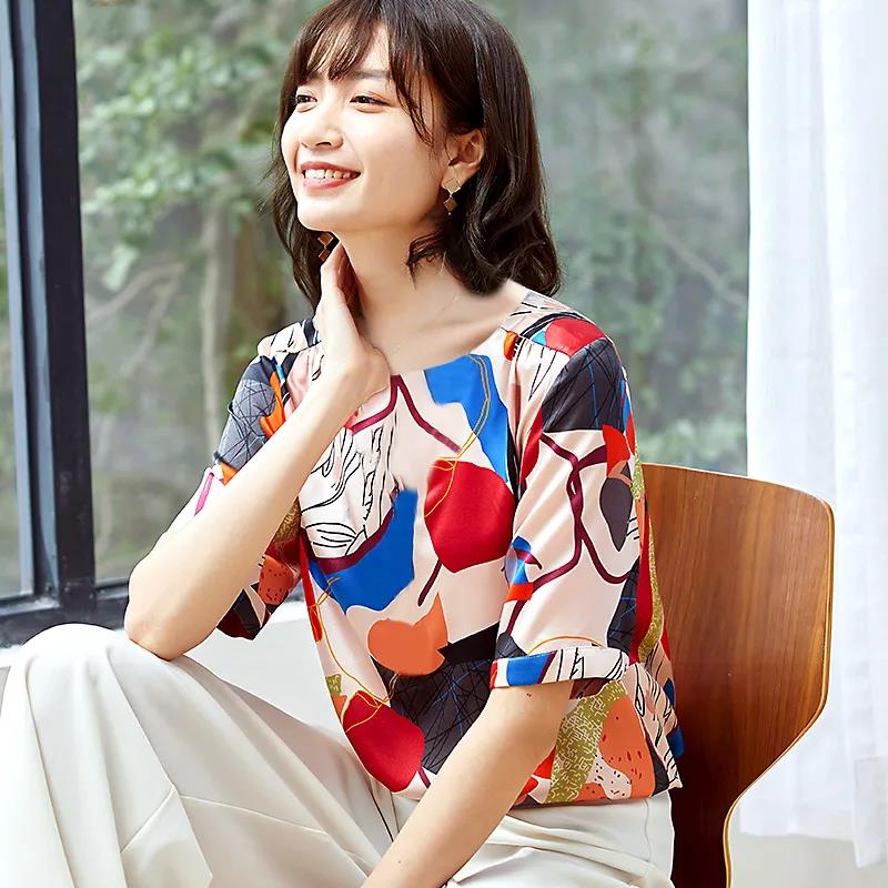 Women's Round Neck Top Summer Print Loose Versatile Ice Silk Short Sleeves