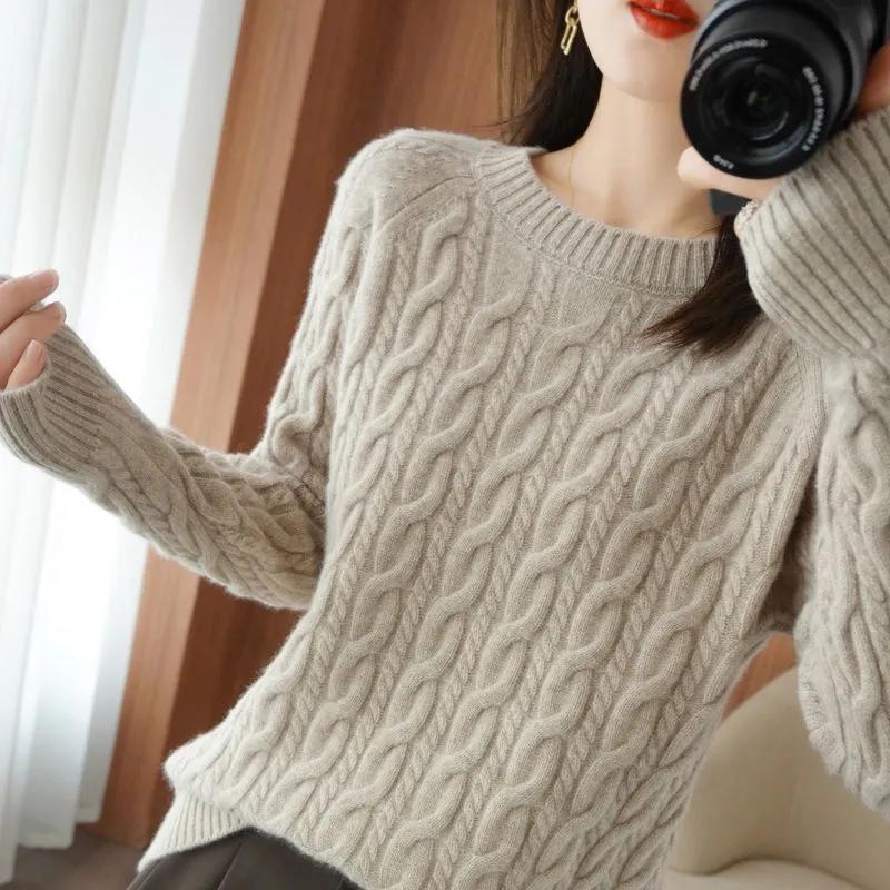 Sweater Women's Pullover Knitwear Korean Version Solid Color Loose Round Neck Twist Top Trending Sweater Autumn and Winter Top