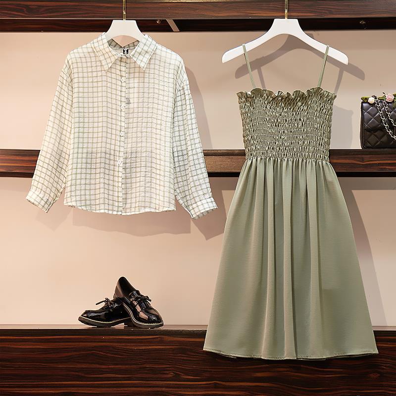 Women Plus Size Set Summer Long-sleeve Irregular Plaid Shirt Strap Dress
