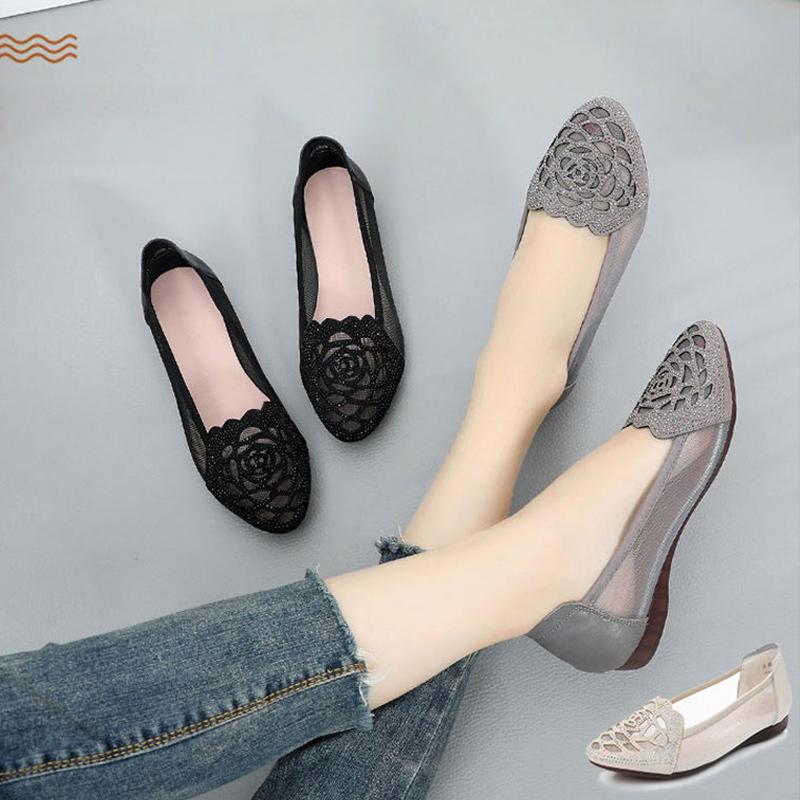 Baotou Sandals Women Summer Leather Flat Women Hollow Mesh Thick Heel Women's Shoes Rhinestone Mother Shoes