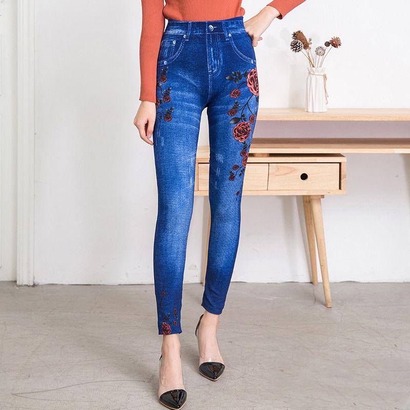 Colorful Floral Sexy Womens Skinny Blue Jean Denim Leggings Stretchy Jeggings Pants