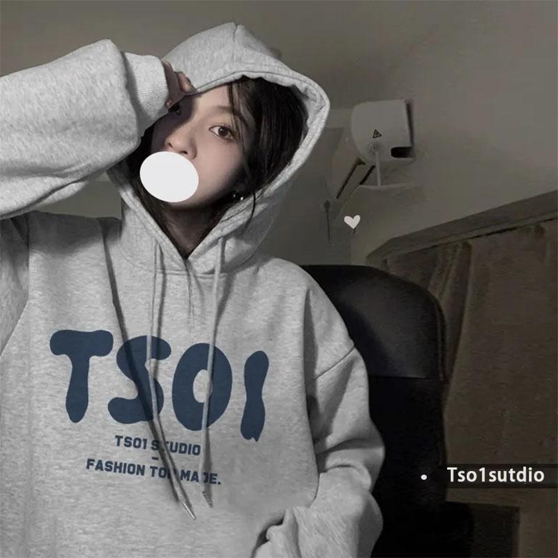 Female Ins Hooded Sweater Student Spring and Autumn Korean Version Loose All-match Coat Letter Printing Long-sleeved Pullover Sweater Coat