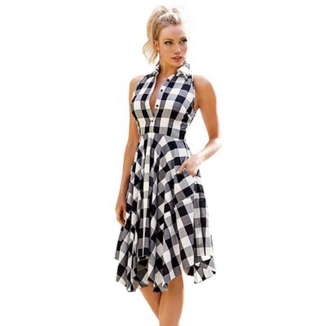 Summer Women Long Shirt Dress Plaid Sleeveless Sexy Blouse High Waist Midi Dresses Plus Size Slim Irregular Hem Casual Dress