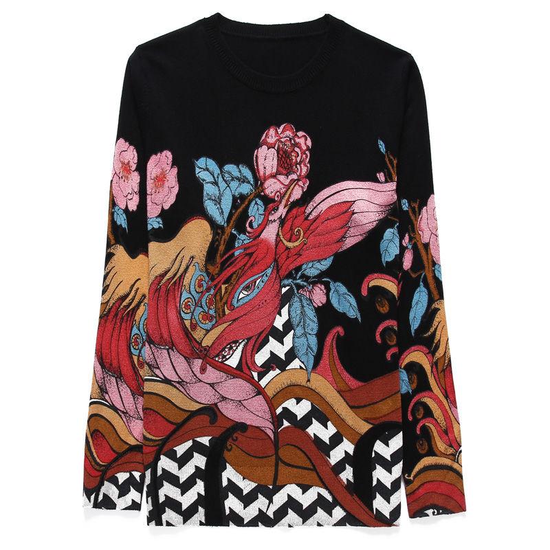 Ethnic Style Knit Sweater High-end Loose Printed Cashmere Sweater Bottoming Wool Sweater Short O-neck Knit Jumper