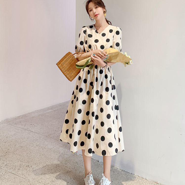 Female Plus Size Elegant Holiday Dress Slim V-neck Wave Point Print Bubble Sleeve Big Swing Long Dress