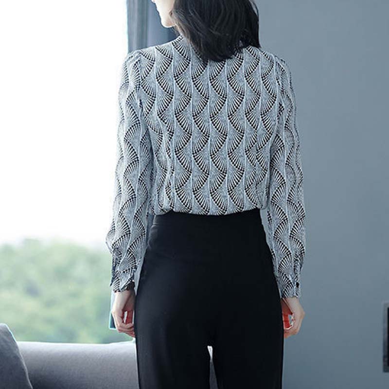 Long Sleeve Chiffon Shirt Women's Spring and Autumn Loose Printed Bottoming Shirt Top