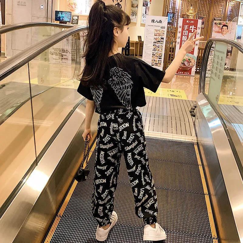 Girls Summer Suit Short Sleeve Anti-mosquito Pants Wing Print Pattern Comfortable Breathable Cool Two-piece Set
