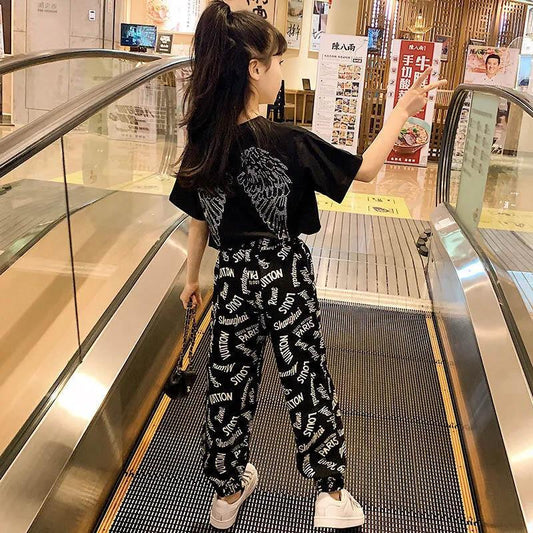 Girls Summer Suit Short Sleeve Anti-mosquito Pants Wing Print Pattern Comfortable Breathable Cool Two-piece Set