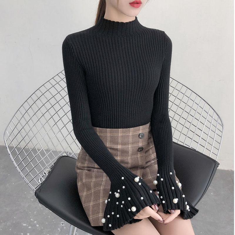 Flared Sleeves Pullover Sweater Women Autumn and Winter Slim Beaded Sweater All-match Bottoming Shirt