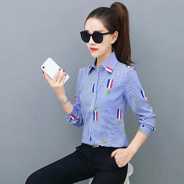Women Striped Printed Shirt Slim Bottoming Shirt Summer Casual Thin Cardigan