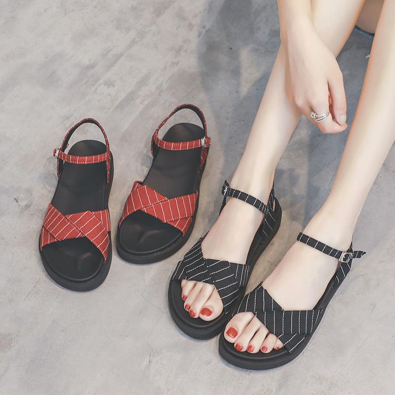 Summer Sandals Female Students  College Style Flat Sandals Female Outer Wear Fashion Thick-soled Roman Sandals Women