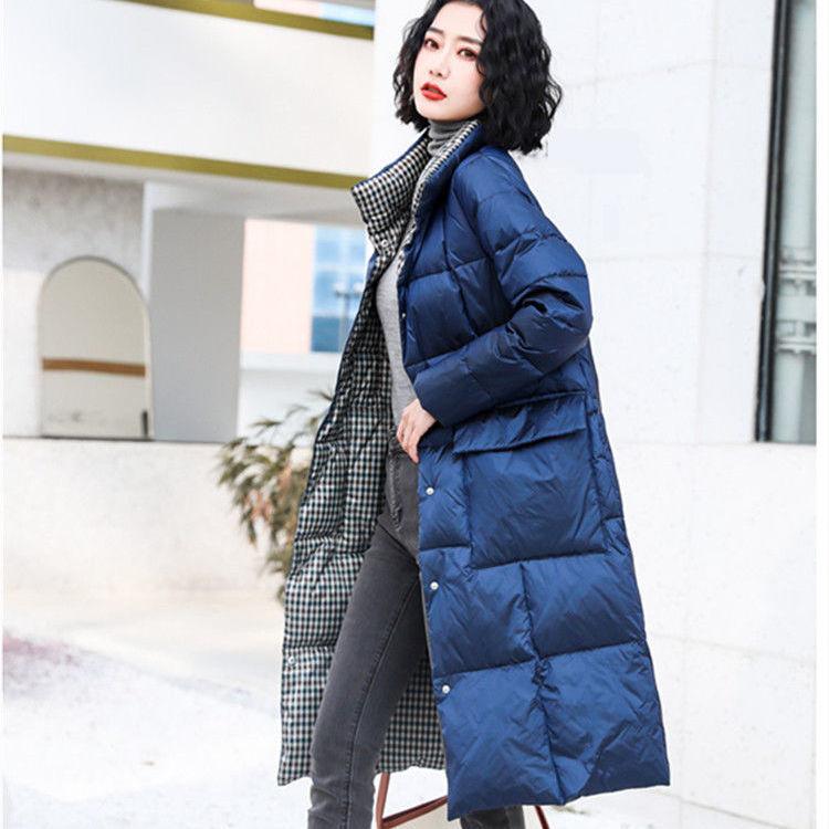 Double-sided Down Jacket Women's Mid-length Winter Loose Large Size Thin White Duck Down Over The Knee Coat
