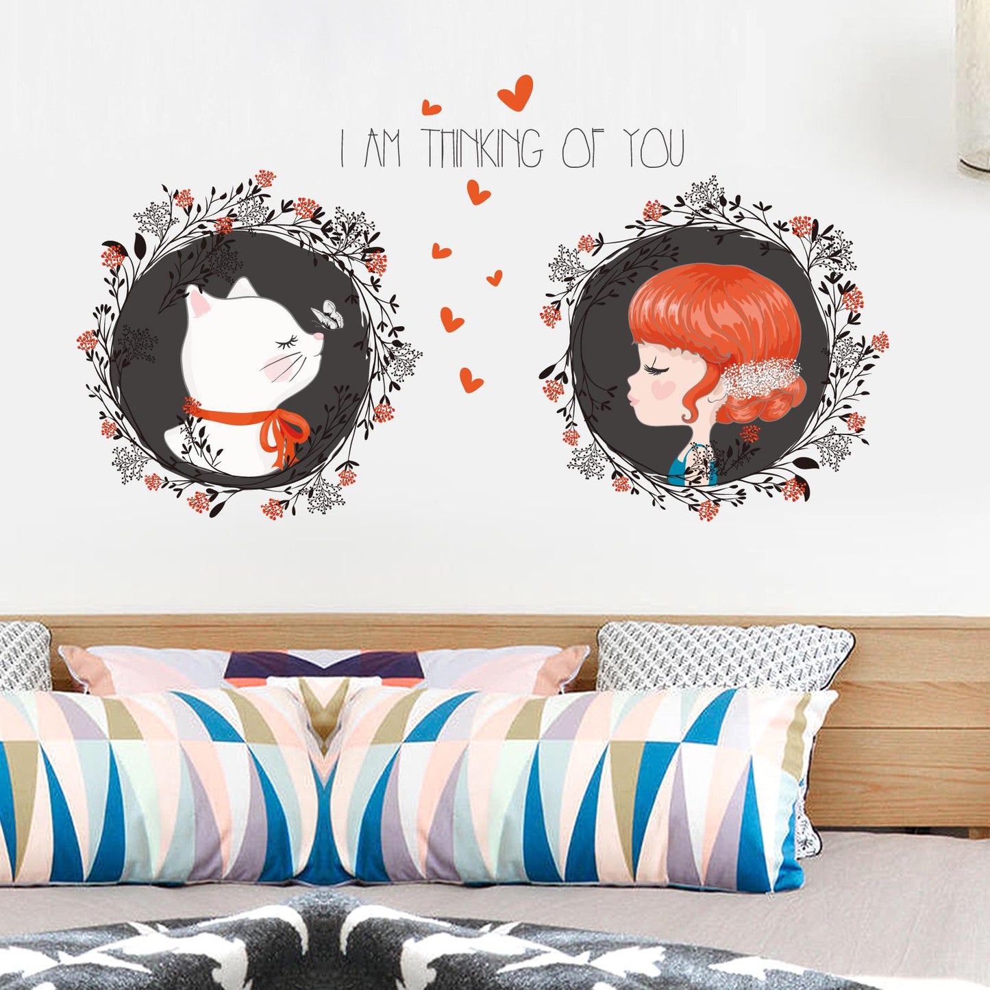 Romantic style warm love girl and cat couple room decoration wall sticker girls wallpaper