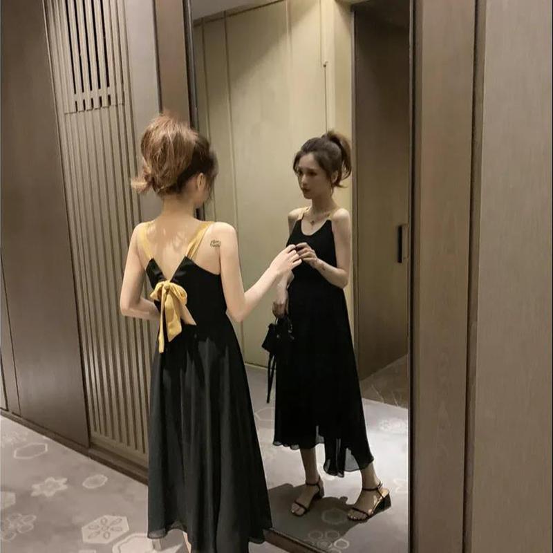 Black Sexy S-XL Women's Chiffon Dress Backless Bowknot Sleeveless Solid Color Elastic Waist Mid-calf Daily Wear Office Dating Party