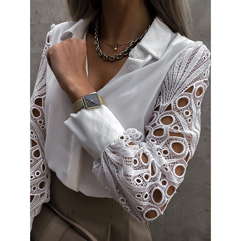 Elegant Long Sleeve Shirts Women Lapel Button Office Lady Top White Women's Sexy Embroidery Hollow Out Lace Blouse Streetwear Temperament Summer Top