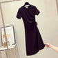 Ladies Mid-length  Round Neck Slim Base Short Sleeve Loose and Casual Solid Color Roped Drawstring Dress