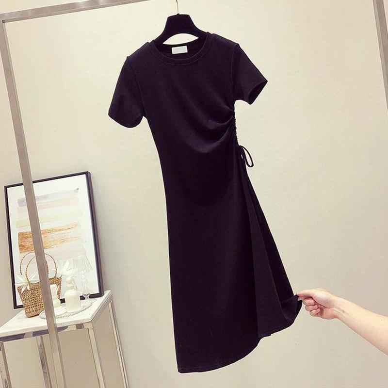 Ladies Mid-length  Round Neck Slim Base Short Sleeve Loose and Casual Solid Color Roped Drawstring Dress