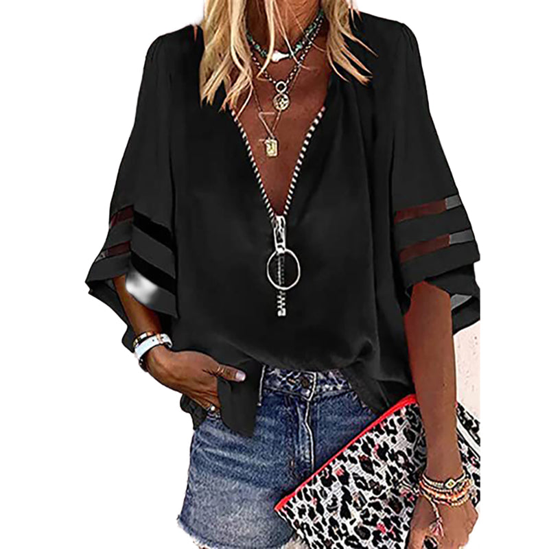 Fashion Woman Blouses 2022 Women V-neck Zip-up Shirt with Half Flared Sleeves Mesh Stitching Loose Casual Women Summer Clothing