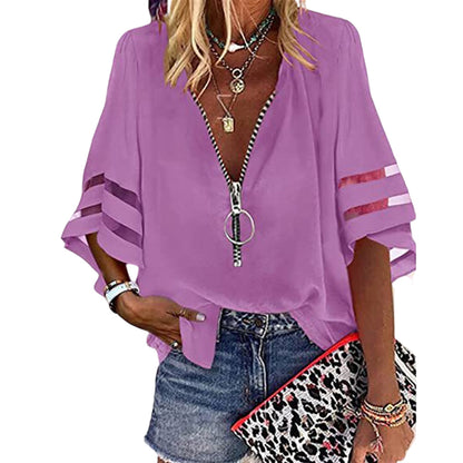 Fashion Woman Blouses 2022 Women V-neck Zip-up Shirt with Half Flared Sleeves Mesh Stitching Loose Casual Women Summer Clothing