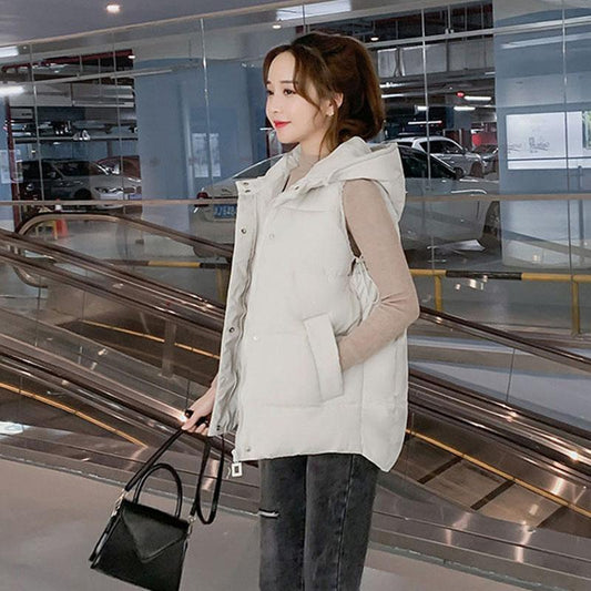 Autumn and Winter Short Casual Vest Korean Loose Hooded Jacket Solid Color All-match Female Down Vest