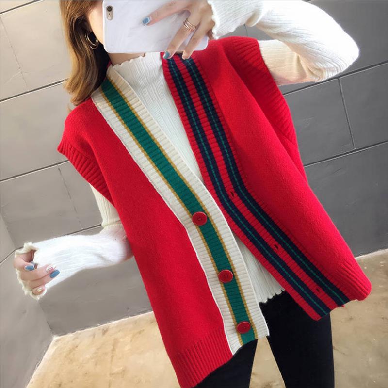 Knitted Sweater Women Vests Geometric V-Neck Sleeveless Cardigan Plus Size Loose Outerwear Vest