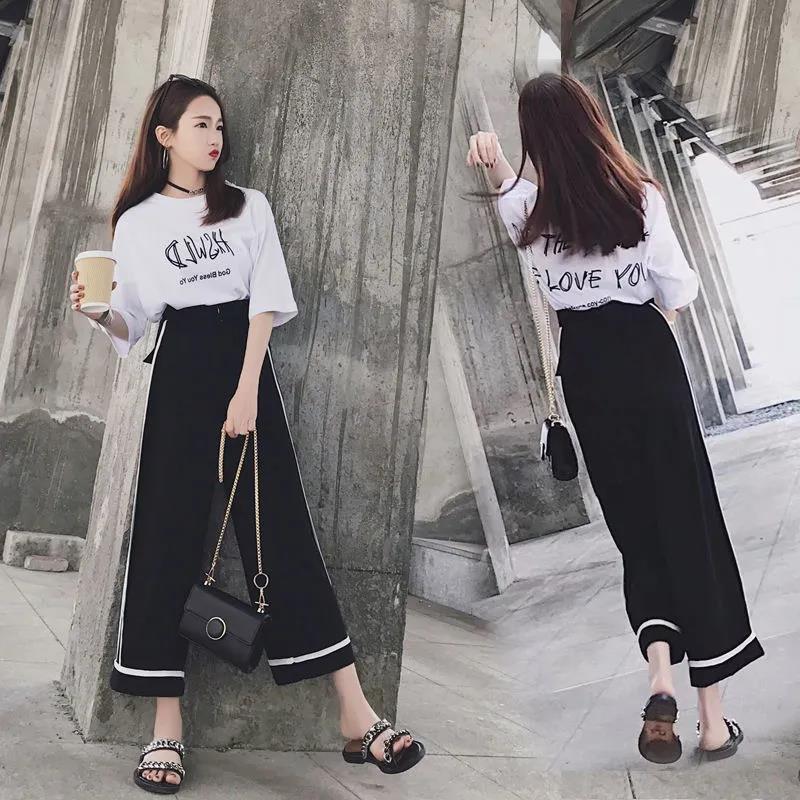 Women's Loose Round Neck Short-sleeved T-shirt Casual Elastic Waist Wide-leg Pants Two-piece Suit Women Summer Casual Home Service