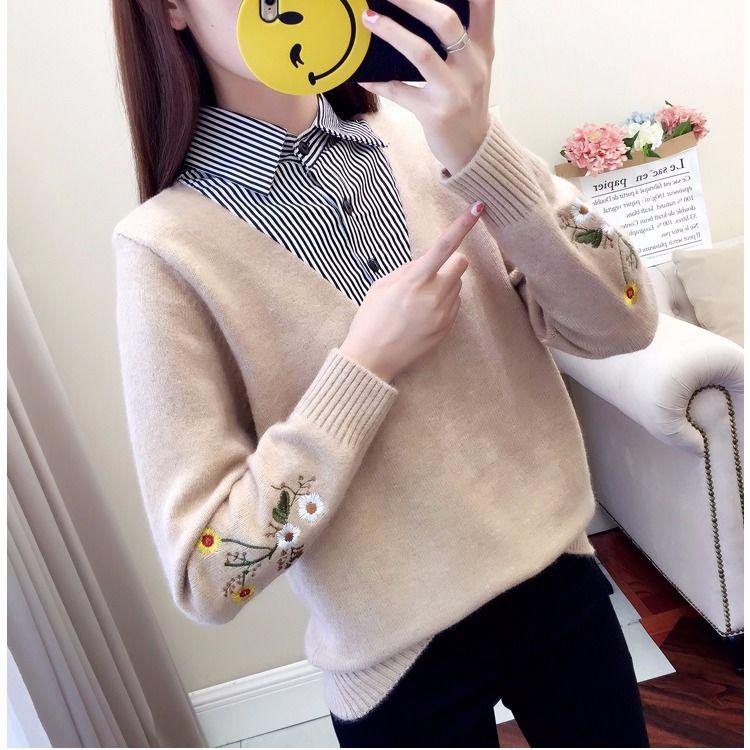 Autumn Winter women Sweater Korean Embroidered Lapel Stitching Fake Two-piece Blouse Loose Pullover Sweater for Students Office lady