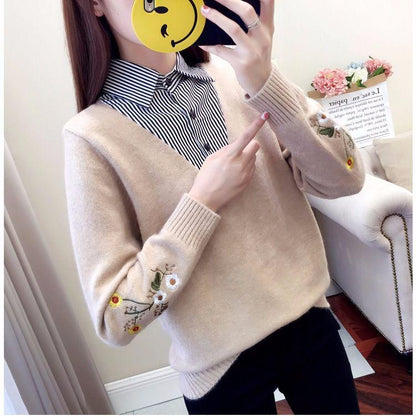 Autumn Winter women Sweater Korean Embroidered Lapel Stitching Fake Two-piece Blouse Loose Pullover Sweater for Students Office lady