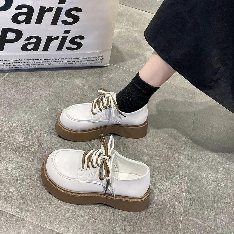 Ladies Small Leather Shoes British Style Spring College Style Jk Lace-up Thick-soled Shoes Girls Thick-bottomed Thick-heeled Loafers