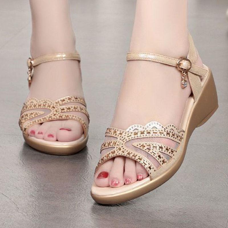 Leather Mesh Sandals Women's Spring and Summer New Hollow One-word Buckle Fish Mouth Wedge Mother Shoes Ladies Sandals