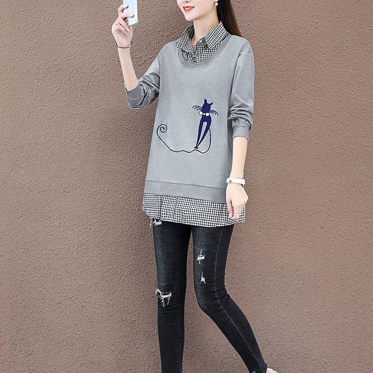 Women's Faux Two-piece Stitched Sweater Spring and Autumn Thin Long Sleeve Tops Solid Color Printed Loose Coats