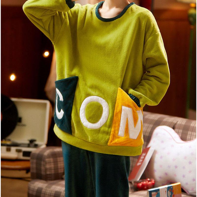 Spring and Autumn Flannel Loose Women's Pajamas Autumn and Winter Thickening and Velvet Warm Coral Fleece Home Service Suit