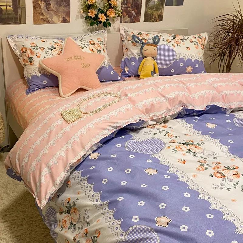 Washed Cotton Four-piece Duvet Cover Sheets Fashion Printed Bedding Student Dormitory Single Bed Sheet Sheets