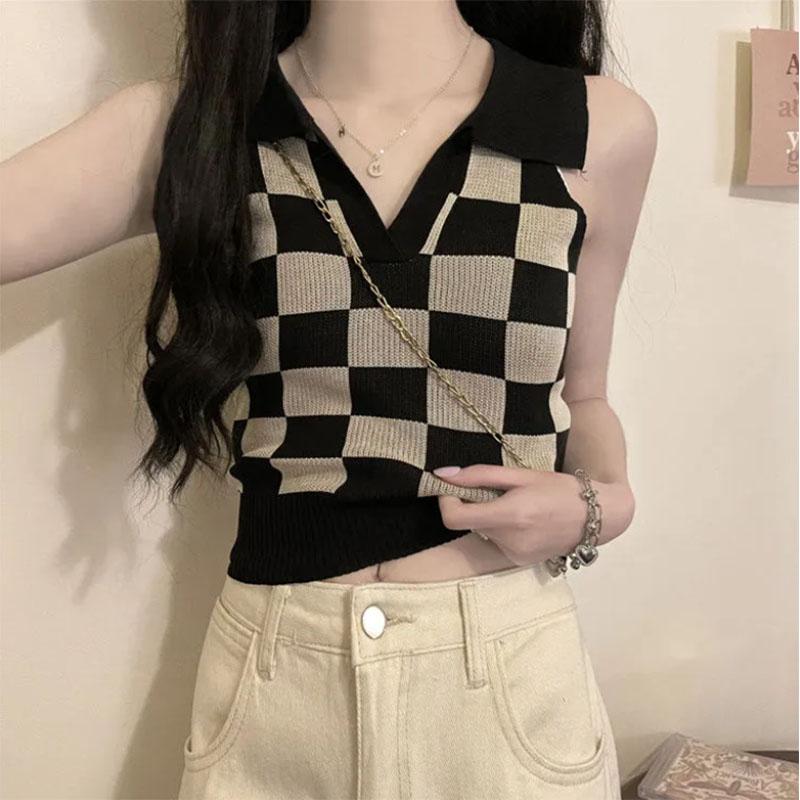 Short Checkerboard Slim Ice Silk Knitted Vest for Women with A Sense of Niche Outside Wearing Polo Collar Sleeveless Top