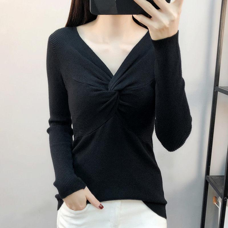 Pofulove sexy slim bottoming shirt female V-neck solid color short sweater with knitted sweater