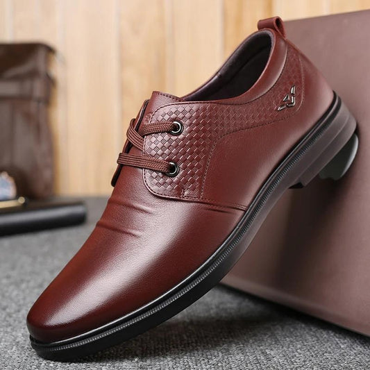 Men's Spring and Autumn Business Leather Shoes Real Cowhide Round Toe Breathable Dad Shoes Husband Casual Shoes Korean Men's Lace-up Shoes