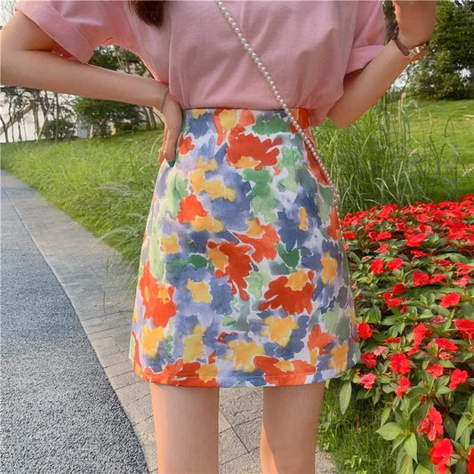 Female Simple High Waist Short Flower Print Holiday Skirt Slim Elegant Vacation A-line Streetwear Skirt
