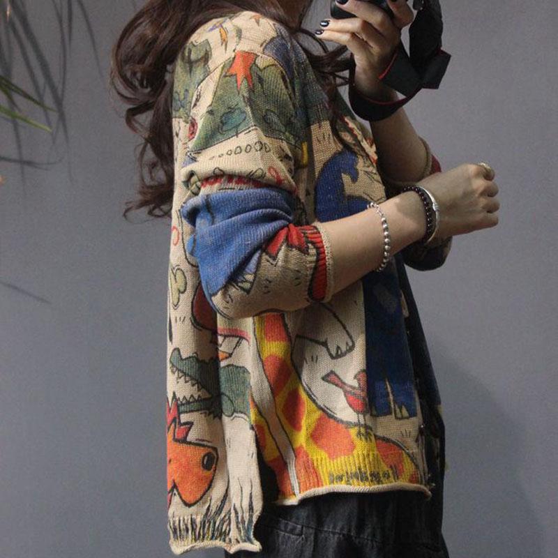 Vintage Ethnic Printed Knitted Cardigan Women Loose Large Size Wild Knitted Sweater Coat Jacket