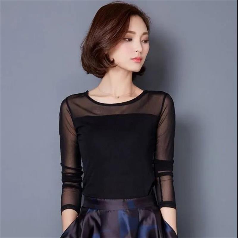 Women Net Yarn Mesh See-through Black Splicing Female Harajuku Sexy Long Sleeve Pullover Tops