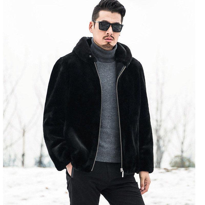 Mink Fur Coat Winter Fur Coat Imitation Mink Hooded Jacket Large Size Solid Color Casual Men's Jacket