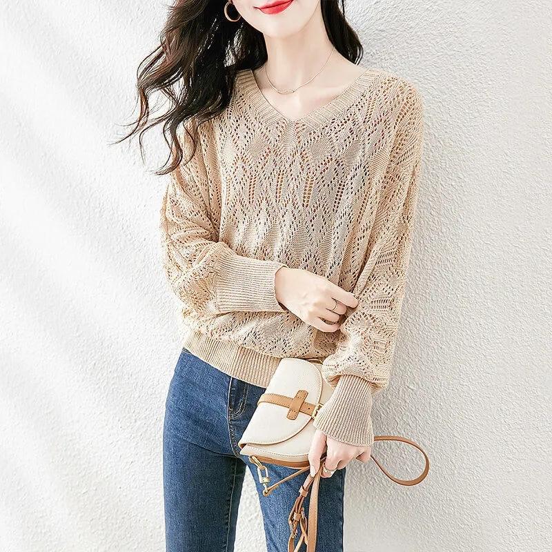 Sweater Women's Pullover Knitwear Korean V-neck Solid Color Casual Fluffy Hollow Top Trending Sweater Spring Autumn Lady Style