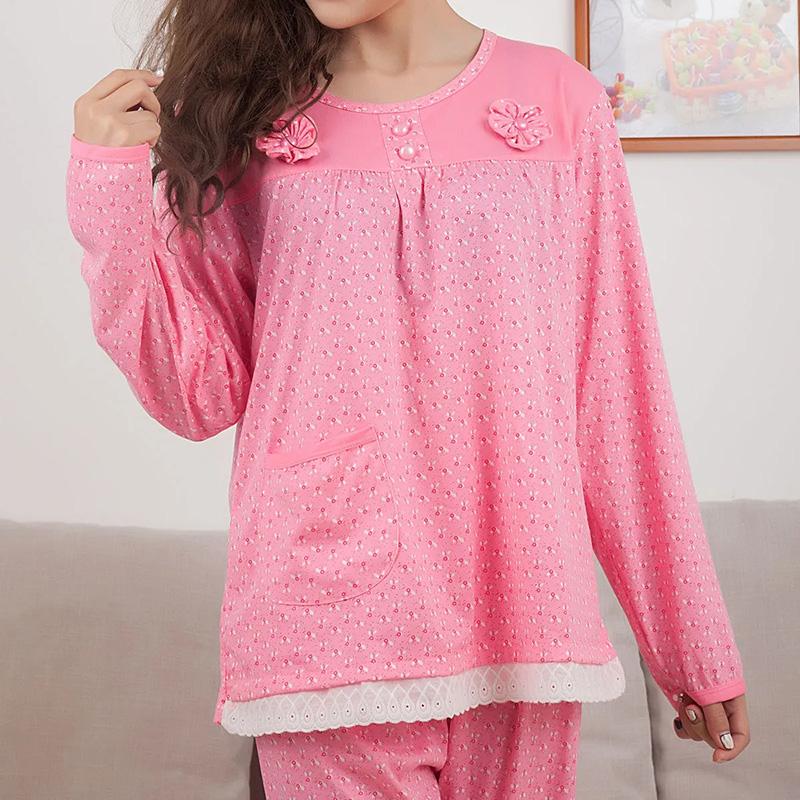 Women's Long Sleeve Floral Printing Pajamas Set Middle-aged Mom Sweet Loose Thin Home Wear Two-piece Set Spring Autumn Round Neck Pajamas Set