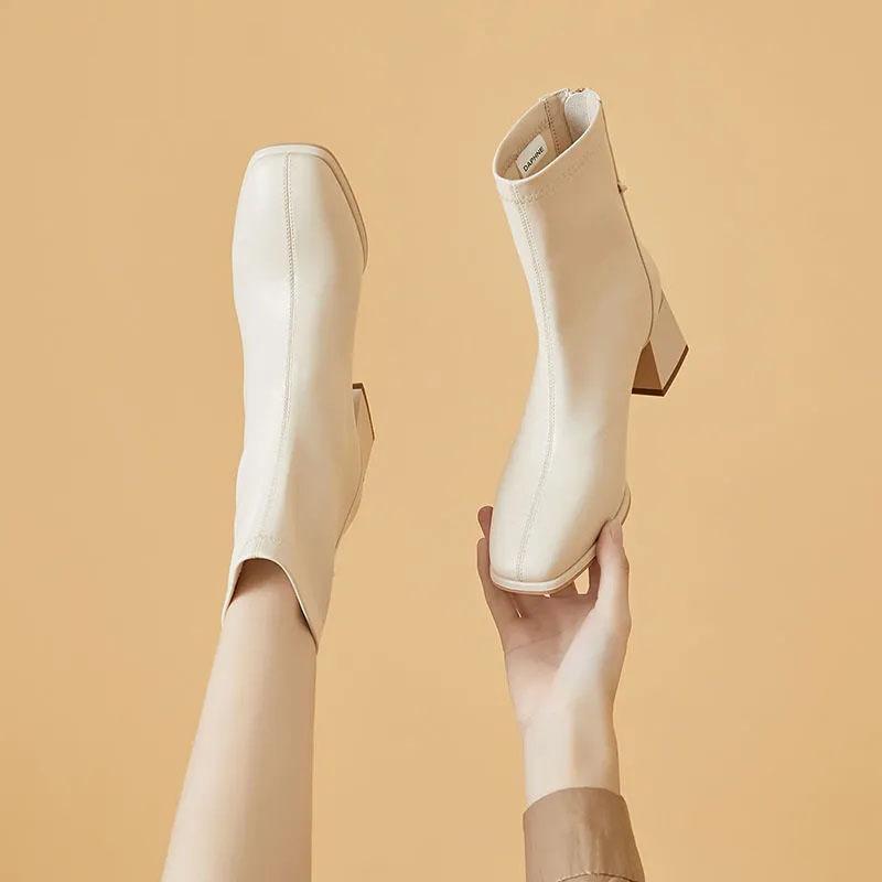Chelsea Boots Women Short Boots Square Toe Autumn and Winter Black Snow Boots Plus Velvet Warm Cotton Boots