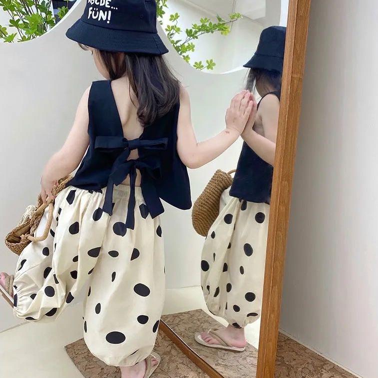 Children's Suit Summer Wear Thin Girls Butterfly Dew Back Vest Sleeveless Casual Pants Lantern Pants Wide Leg Pants Korean Two Piece Set