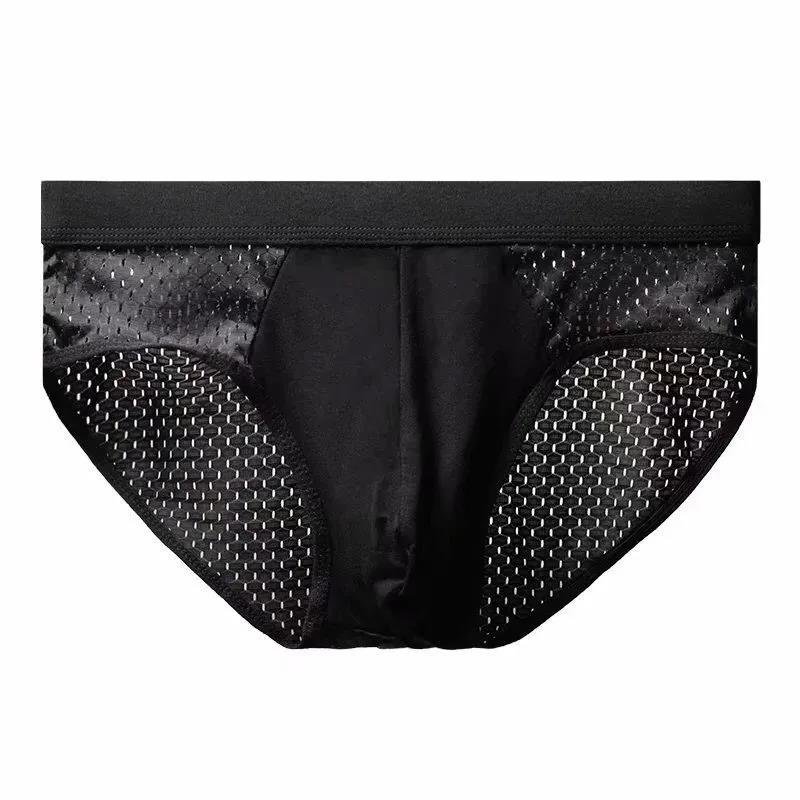 Summer Men's Underwear Mesh Ice Silk Briefs Sexy Breathable Thin Mid-waist Youth Briefs