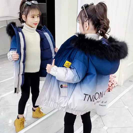 Girls' Warm Cotton Coat Winter Clothing Plus Velvet Thickening Girls Windproof Padded Jacket