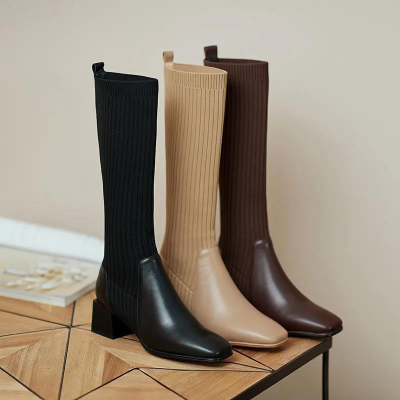 Women's Leather Socks and Long Boots But The Knee Is Thinner Stretch Knit Mid-tube High-heeled High Boots