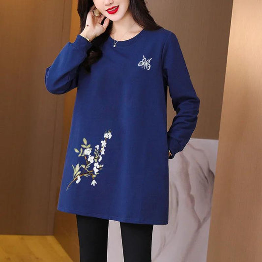 Spring Womens T Shirt Casual Round Neck Flower embroidery Ladies Tee Shirts Vintage Floral Tops Pullover