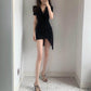 Summer Short-sleeved V-neck Irregular Pleated Dress Female Feeling Pure Desire Style Tight Waist Bag Hip Skirt