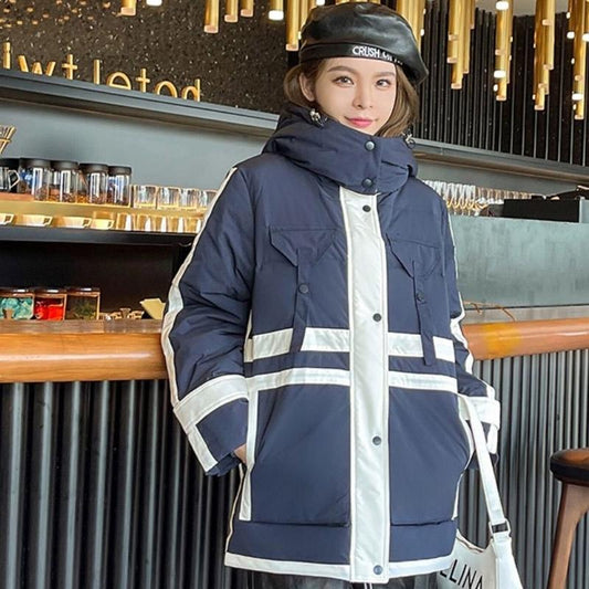 Men's and Women's Down Jackets Wear Color-blocking Loose Mid-length Design Coat